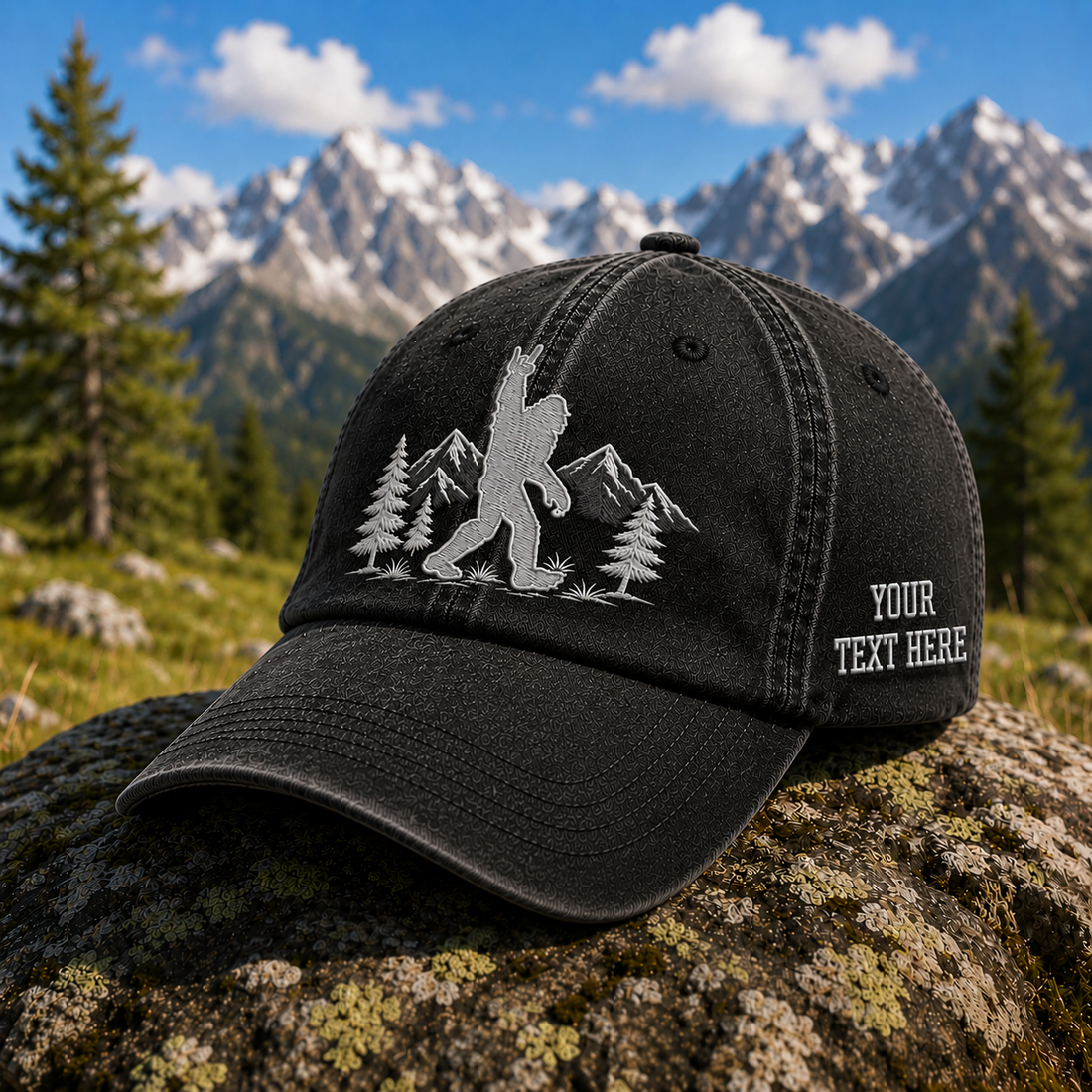 Personalized Bigfoot Mountain Embroidered Washed Dad Hat