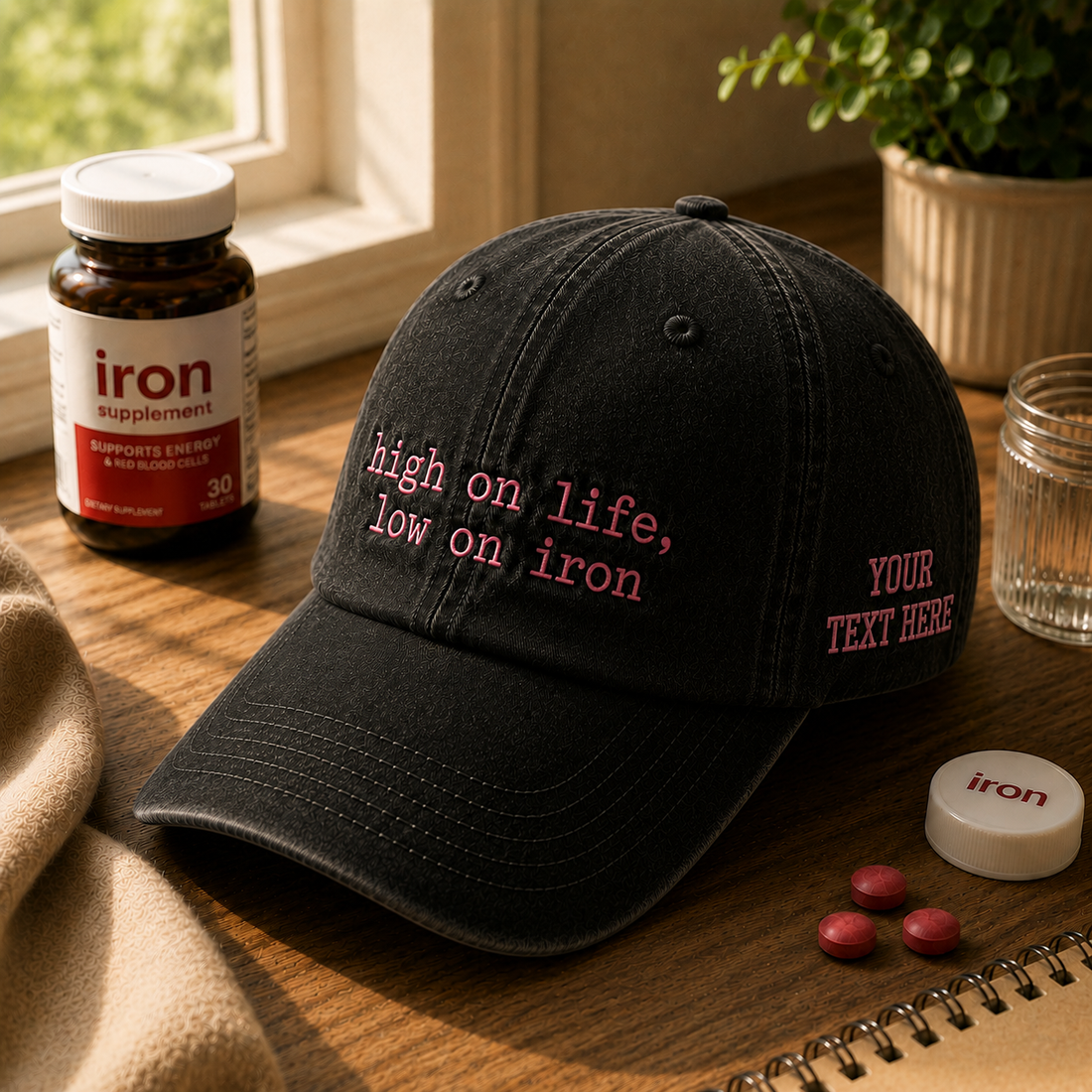 Personalized High On Life, Low On Iron Embroidered Washed Dad Hat