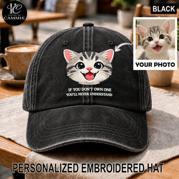 Personalized Cat Photo Embroidered Washed Dad Hat, Custom Pet Portrait Embroidery Baseball Cap, Cat Lover Gift, Personalized Pet Face Hat