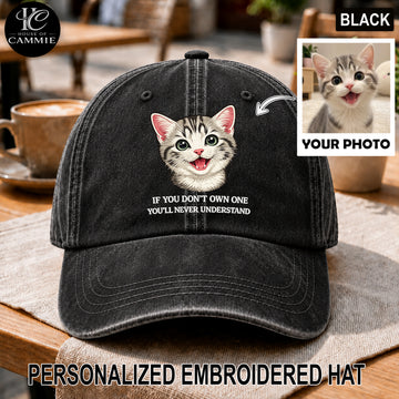 Personalized Cat Photo Embroidered Washed Dad Hat, Custom Pet Portrait Embroidery Baseball Cap, Cat Lover Gift, Personalized Pet Face Hat
