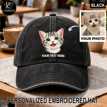 Personalized Embroidered Pet Portrait Washed Dad Hat – Custom Cat Photo & Name Vintage Baseball Cap