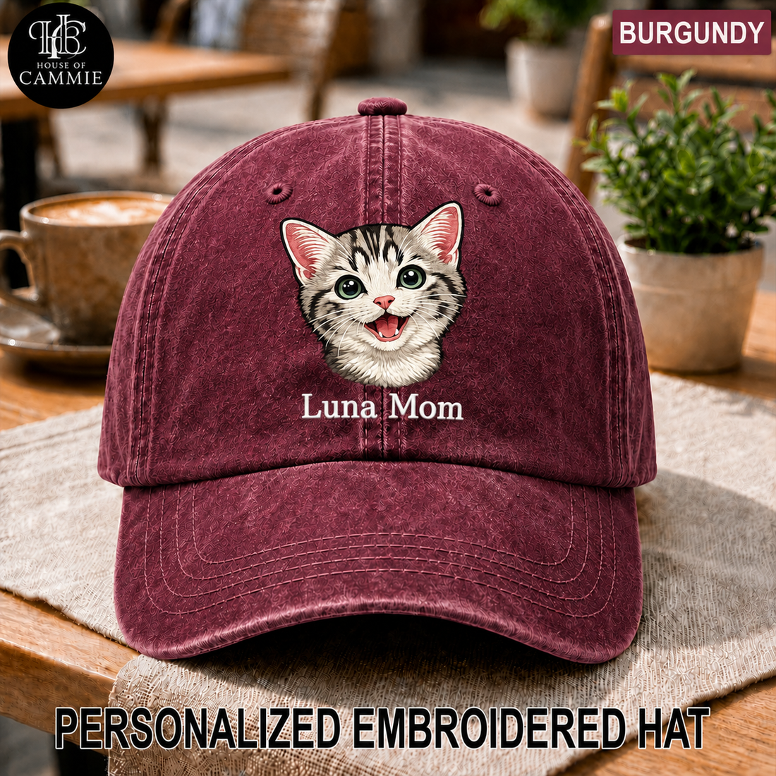 Personalized Embroidered Pet Portrait Washed Dad Hat – Custom Cat Photo & Name Vintage Baseball Cap