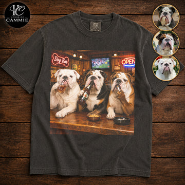 Personalized English Bulldog Bar Night T-Shirt, Custom Dog Photo Vintage Graphic Tee, Upload Your Pet Picture, Funny English Bulldog Dog Lover Gift