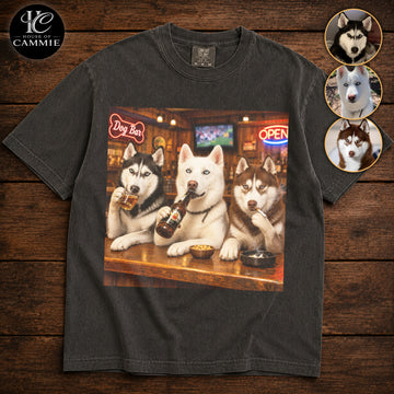 Personalized Husky Bar Night T-Shirt, Custom Dog Photo Vintage Graphic Tee, Upload Your Pet Picture, Funny Husky Dog Lover Gift