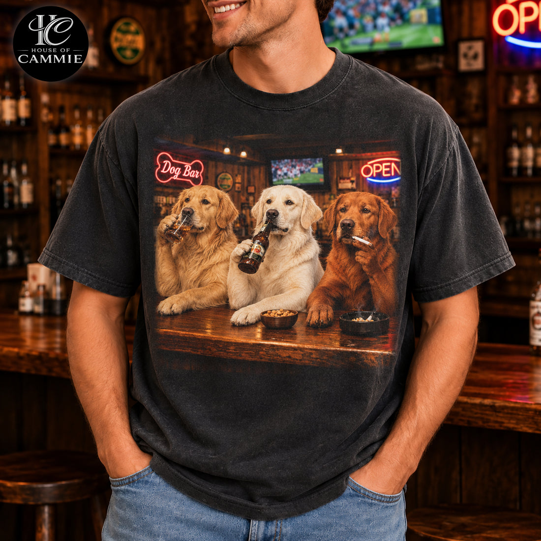 Personalized Golden Retriever Bar Night T-Shirt, Custom Dog Photo Vintage Graphic Tee, Upload Your Pet Picture, Funny Golden Retriever Dog Lover Gift