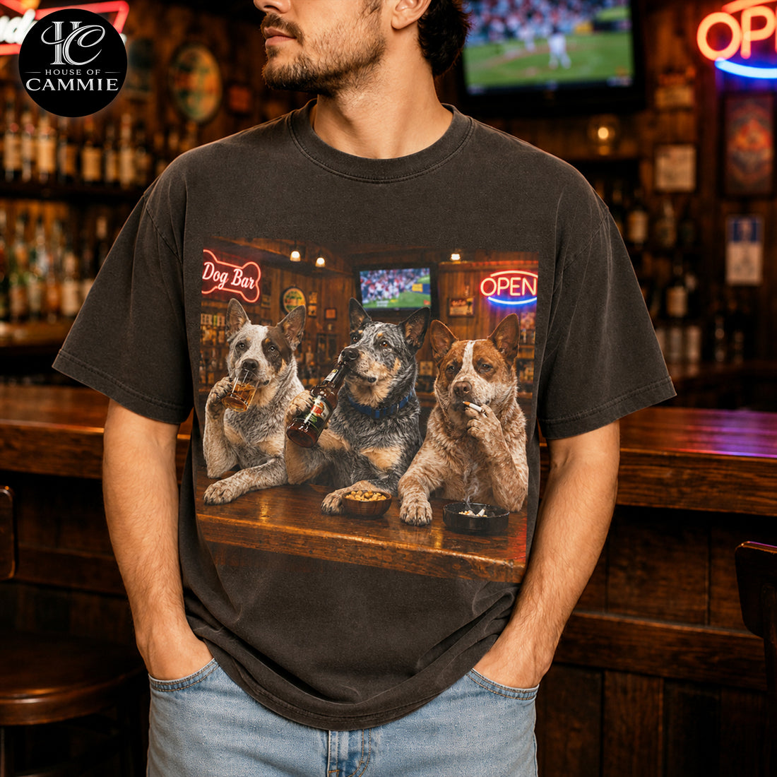 Personalized Australian Cattle Dog Blue Heeler Bar Night T-Shirt, Custom Dog Photo Vintage Graphic Tee, Upload Your Pet Picture, Funny Heeler Dog Lover Gift