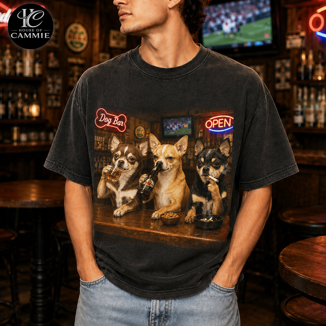 Personalized Chihuahua Bar Night T-Shirt, Custom Dog Photo Vintage Graphic Tee, Upload Your Pet Picture, Funny Chihuahua Dog Lover Gift