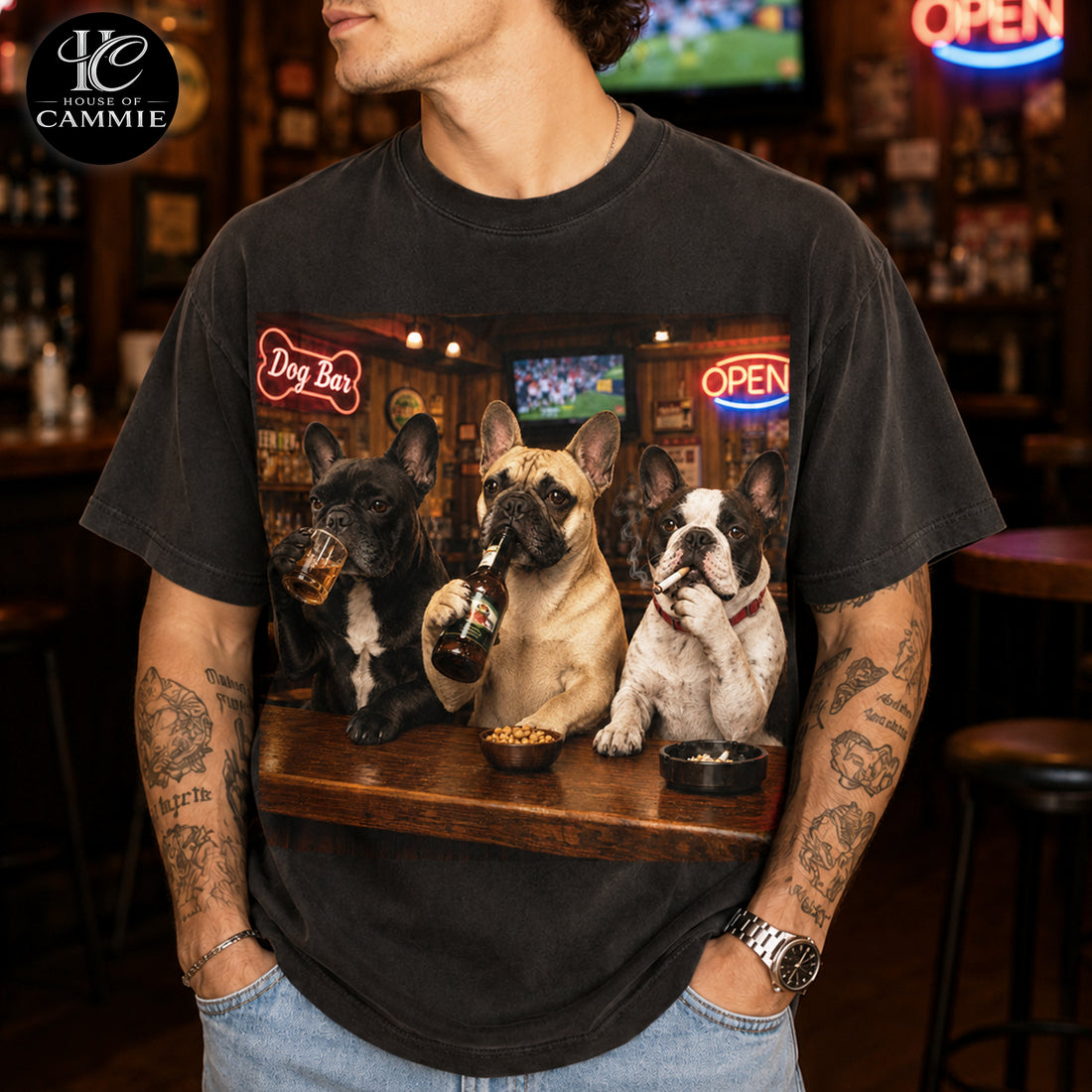 Personalized French Bulldog Bar Night T-Shirt, Custom Dog Photo Vintage Graphic Tee, Upload Your Pet Picture, Funny French Bulldog Dog Lover Gift