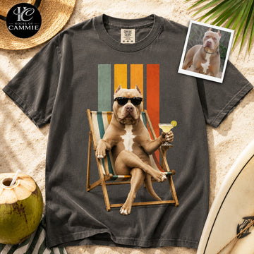 Personalized Pitbull Beach Vibes T Shirt, Custom Dog Photo Vintage Graphic Tee, Upload Your Pet Picture, Funny Dog Lover Gift
