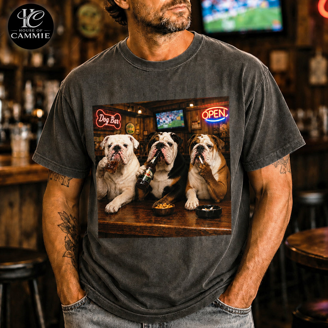Personalized English Bulldog Bar Night T-Shirt, Custom Dog Photo Vintage Graphic Tee, Upload Your Pet Picture, Funny English Bulldog Dog Lover Gift