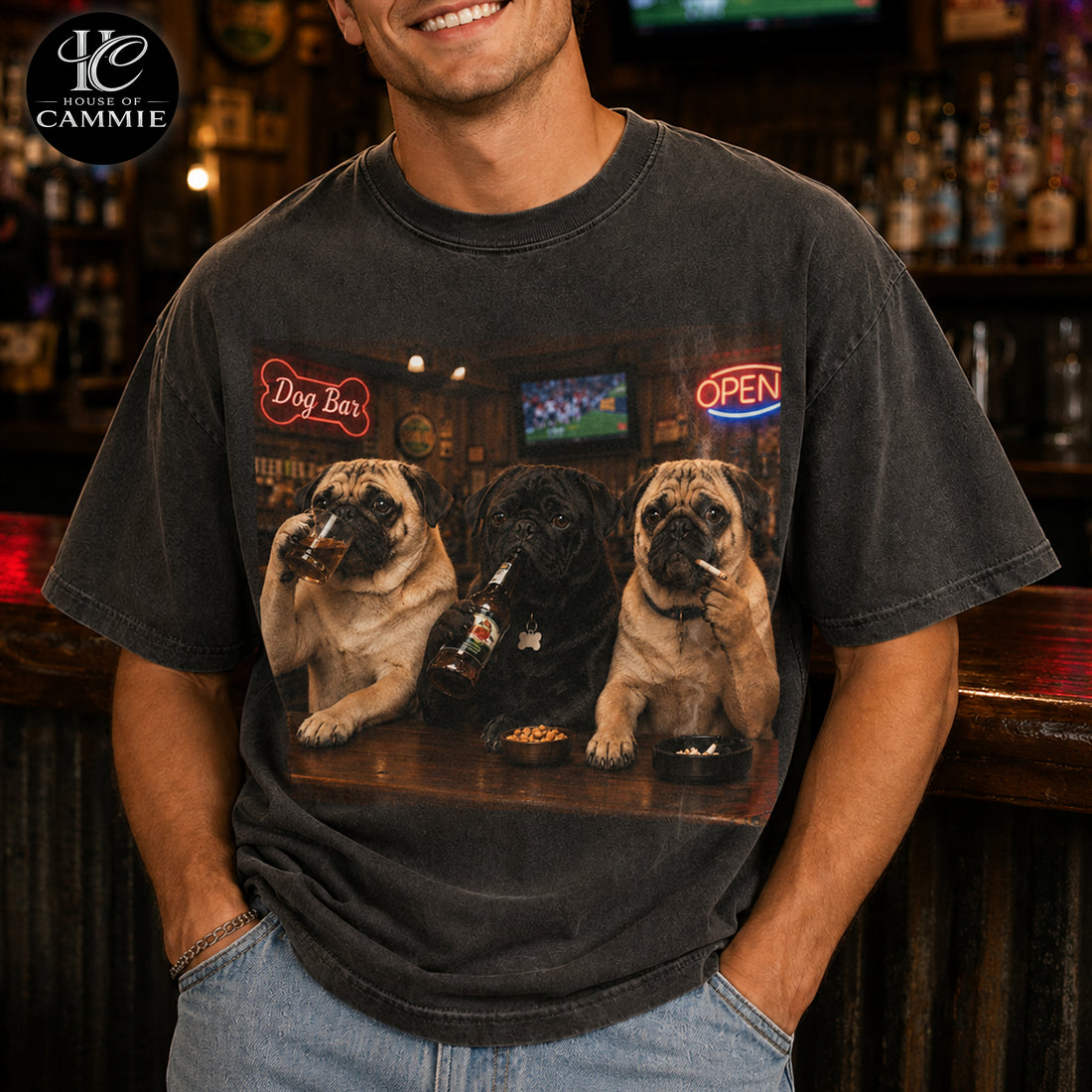 Personalized Pug Bar Night T-Shirt, Custom Dog Photo Vintage Graphic Tee, Upload Your Pet Picture, Funny Pug Dog Lover Gift