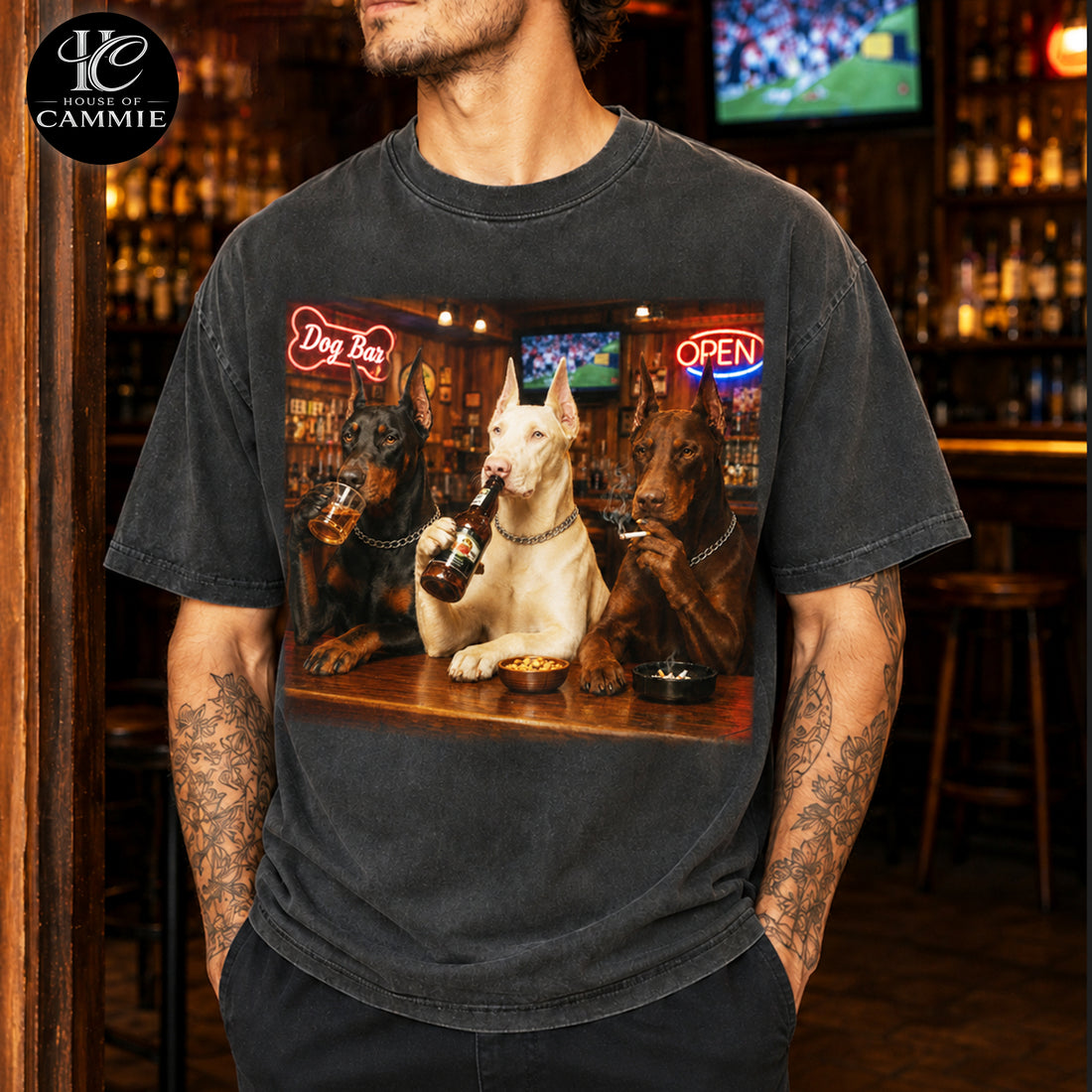 Personalized Doberman Pinscher Bar Night T-Shirt, Custom Dog Photo Vintage Graphic Tee, Upload Your Pet Picture, Funny Doberman Dog Lover Gift